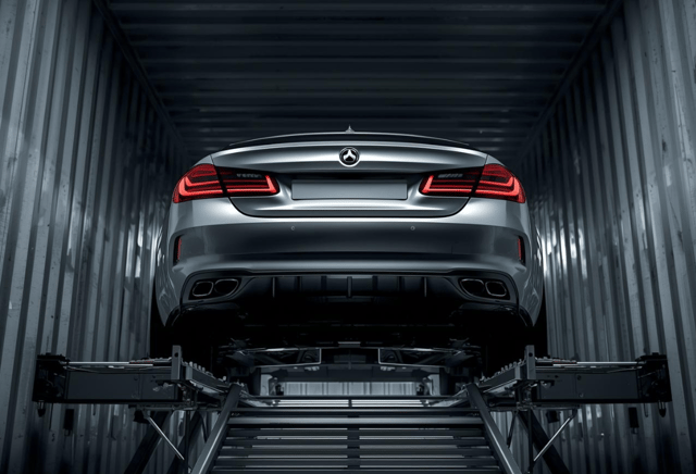 Car securely loaded on a rack inside a shipping container, demonstrating sustainable global vehicle transport solutions.