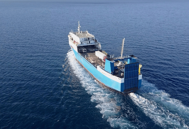 Image of a RoRo (Roll on-Roll off) ferry on its way out to sea.