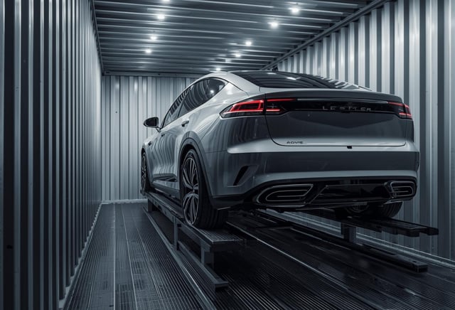 A modern electric vehicle secured inside a metal shipping container on a raised racking system, illustrating safe and efficient containerised EV transport using sustainable vehicle racking technology.