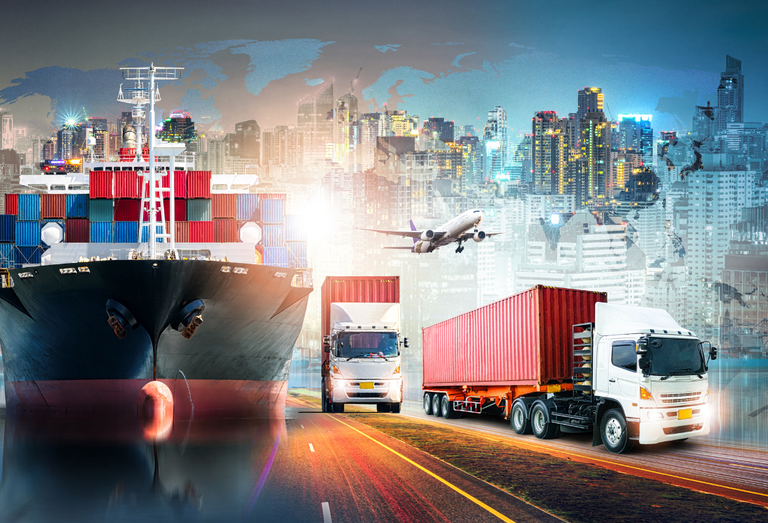Shipping boat, lorries and planes overlayed in front of a map and city to highlight updates in the industry.
