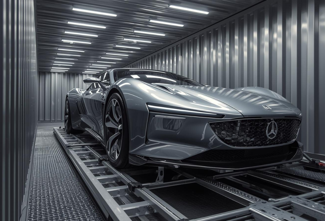 A luxury sports car secured inside a metal shipping container using a precision-engineered steel racking system, illustrating safe and efficient containerised transport for high-value vehicles.