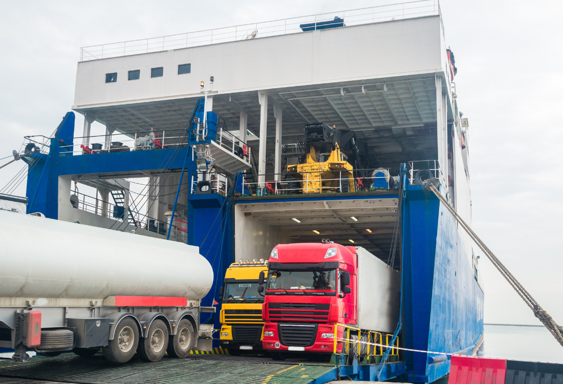 A RORO boat with lorries waiting to drive off.