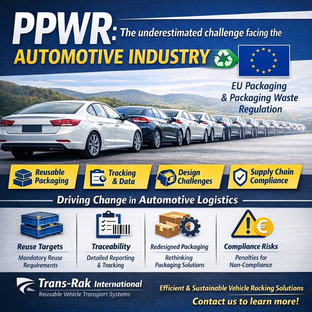 Infographic explaining the impact of the EU Packaging and Packaging Waste Regulation (PPWR) on the automotive industry, highlighting reuse targets, traceability, packaging redesign and compliance risks.