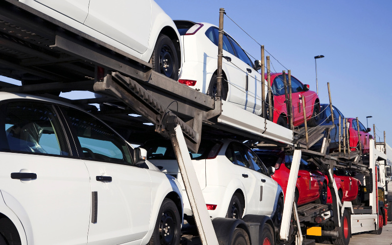 Cars being transported on a transportation rack